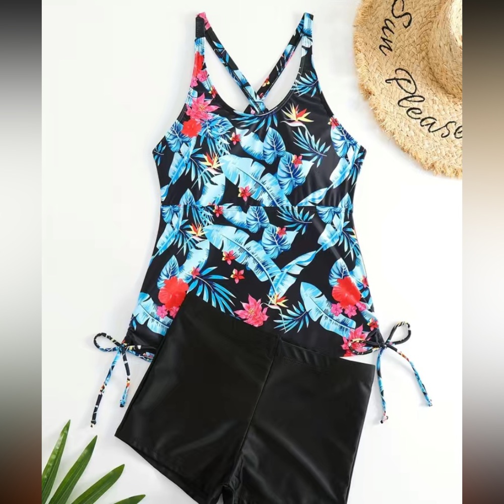 Tropical Print Round Neck Tankini Sets